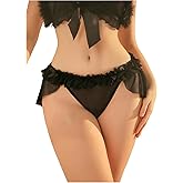 OYOANGLE Women's Lingerie Lace Ruffle Panties Bowknot Mid Waist Thongs Underwear