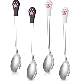 Dog Cat Food Spoon, 4 Pcs Stainless Steel Pet Can Spoon for Wet Food | Cat Claw Shape, White and Black, Dog Cat Wet Food Can, Bulk Set, Rust Resistant