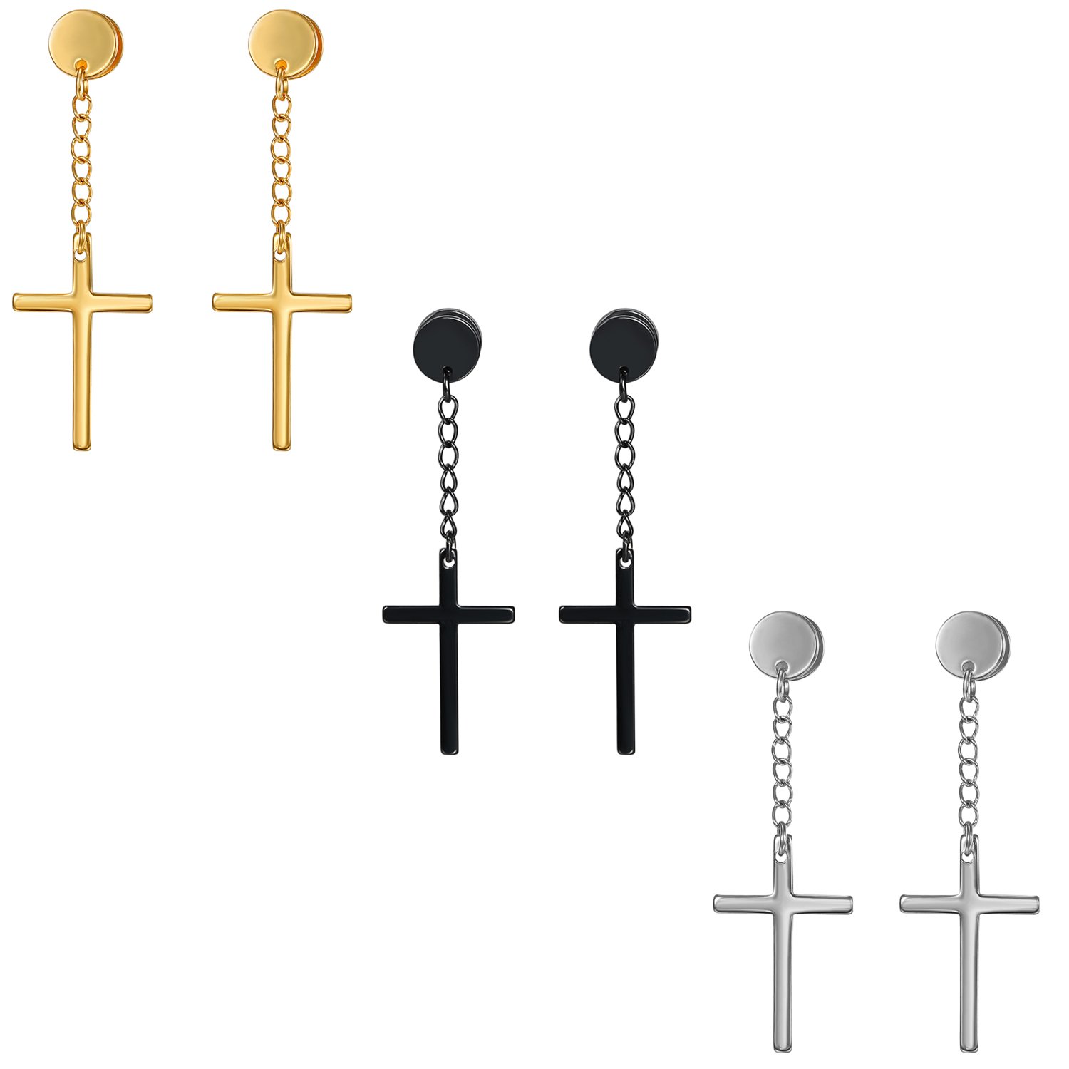 JewelryWe 3Pairs Religion Type Cross Stud Earrings For Women Men Stainless Steel Earring Jewelry Boucle(Silver,Gold,Black) — image 1