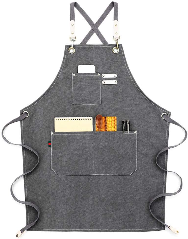 Hiikk Canvas Cook Apron Barista Bartender Chef Hairdressing Apron Catering Uniform Work Wear Anti-Dirty Overalls-Dark Gray