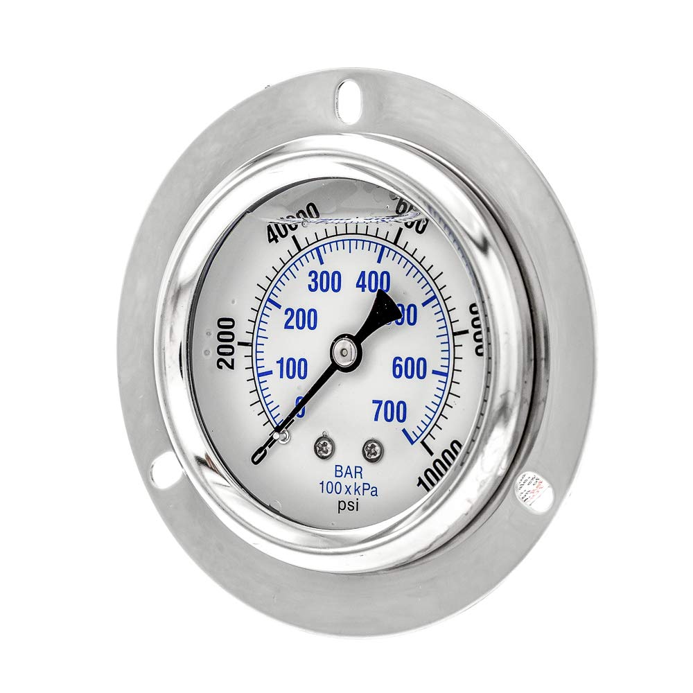 PIC Gauge PRO-204L-254U Glycerin Filled Industrial Front Flanged Panel Mount Pressure Gauge with Stainless Steel Case, Brass Internals, Plastic Lens, 2-1/2" Dial Size, 1/4" Male NPT, 0/10000 psi