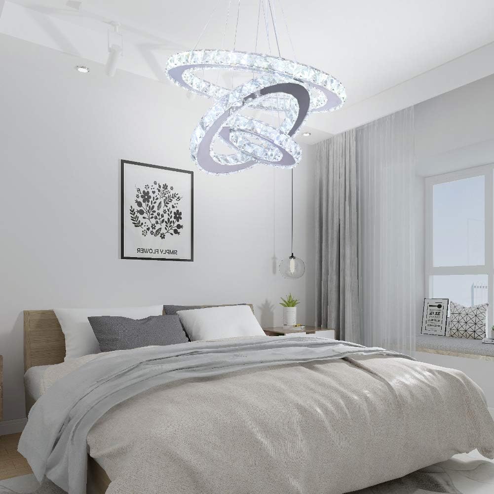 Dixun LED Modern Crystal Chandeliers 3 rings LED Ceiling Lighting Fixture Adjustable Stainless Steel Pendant Light for Bedroom Living Room Dining Room(White): Home & Kitchen