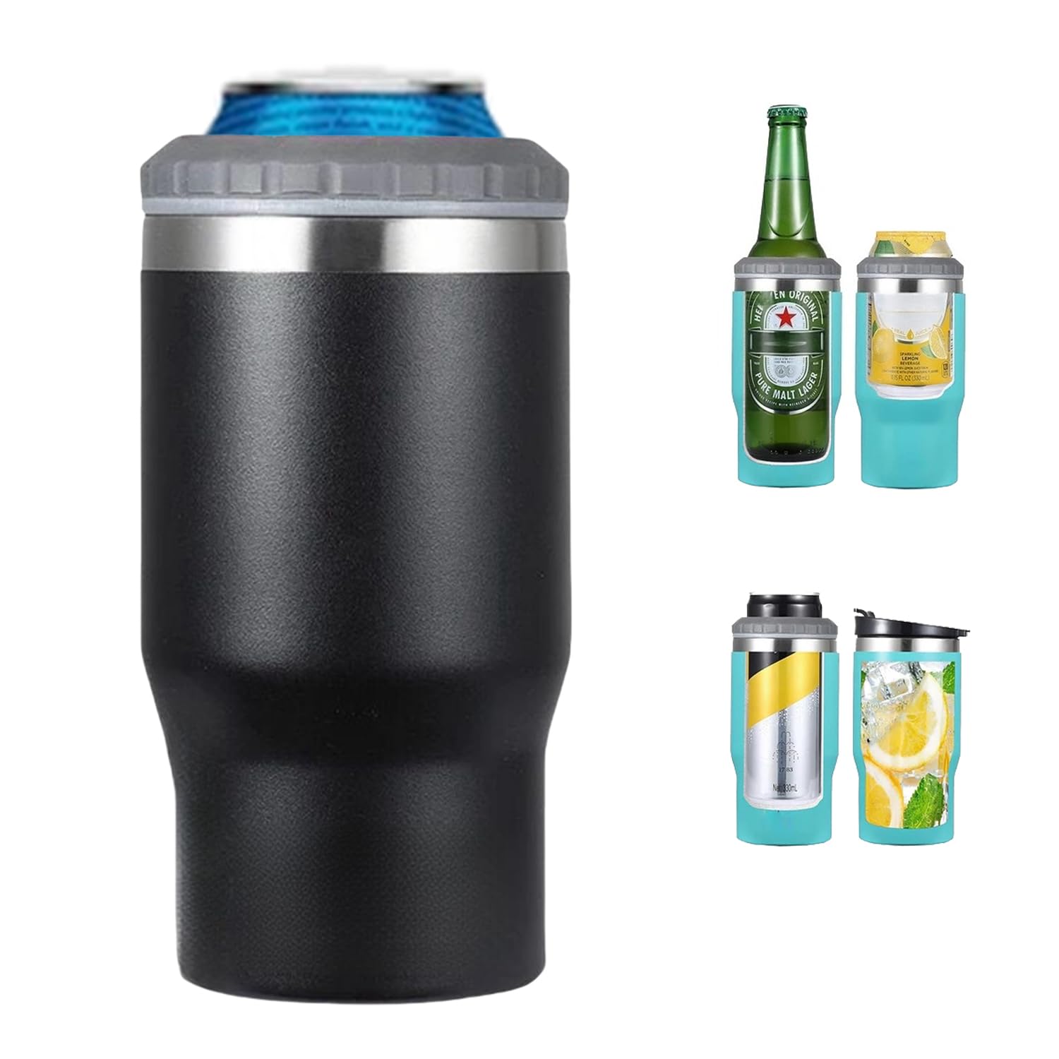 Gteller 4 in 1 Stainless Steel Can/Bottle Insulator, 14oz Two-Way Lids SUS Insulated Can Cooler, Beer Bottle Holder (Black) — image 1