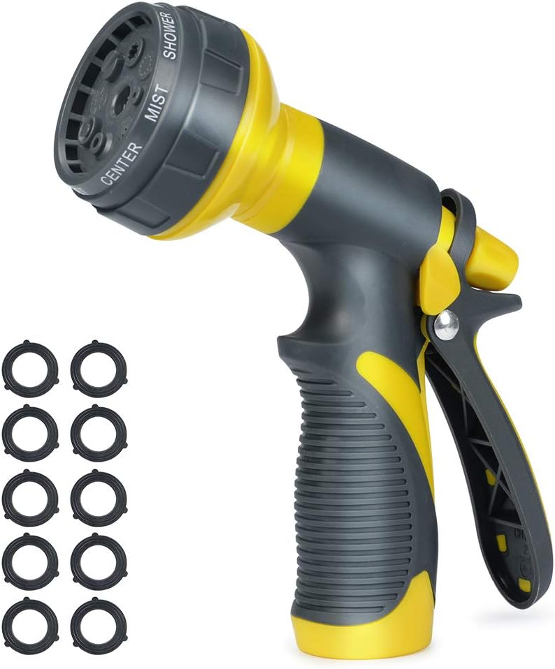 Accenter Water Hose Nozzle Water Spray Nozzle Heavy Duty Plastic Garden Hose Nozzle with 8 Patterns of Spray Perfect for Watering Plants Lawns, Washing Cars, Showering Dogs Yellow : Garden & Outdoor