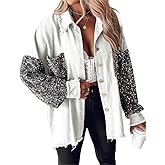 CHICME Womens Denim Jacket Sequin Patchwork Long Sleeve Jackets Top Button Front Oversized Denim Shacket