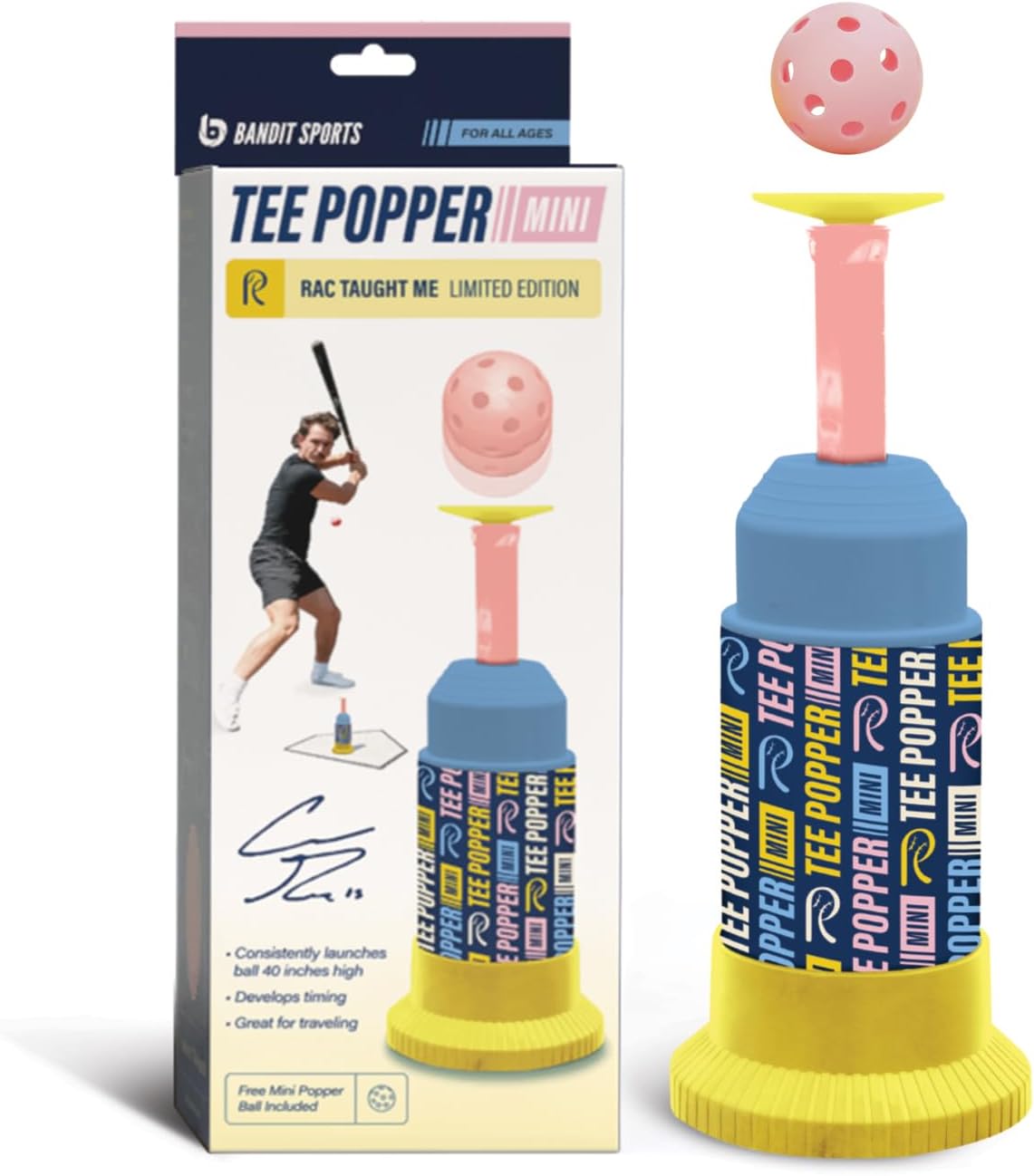 Bandit Sports Coach RAC Coach RAC Mini Tee Popper, Hitting Tee for Perfect Swings, Batting Machine for Practicing Hitting Without a Pitcher Blue