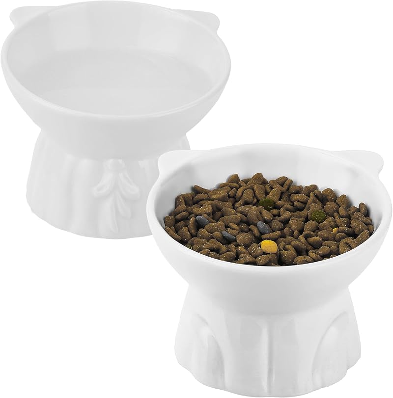 MEETOZ Ceramic Elevated Cat Bowls - 2 Wide Raised Bowls, Whisker Friendly