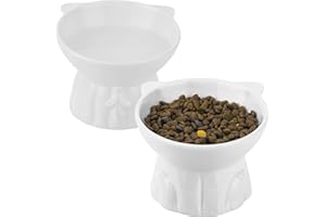 HOVICO Elevated Cat Bowls 2-Pack, Ceramic Raised Cat Food & Water Dishes – Extra Wide & Shallow Whisker-Friendly Design, Anti-Vomit & Easy Digestion, Lead/Cadmium-Free, Microwave & Dishwasher Safe (White)
