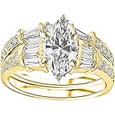 14K White Gold 2.75 Carat LAB GROWN DIAMOND Baguette And Round Brilliant Marquise Cut Diamond Engagement Ring and Wedding Band Set (G-H Color VS1-VS2 Clarity 2 Ct Center)
