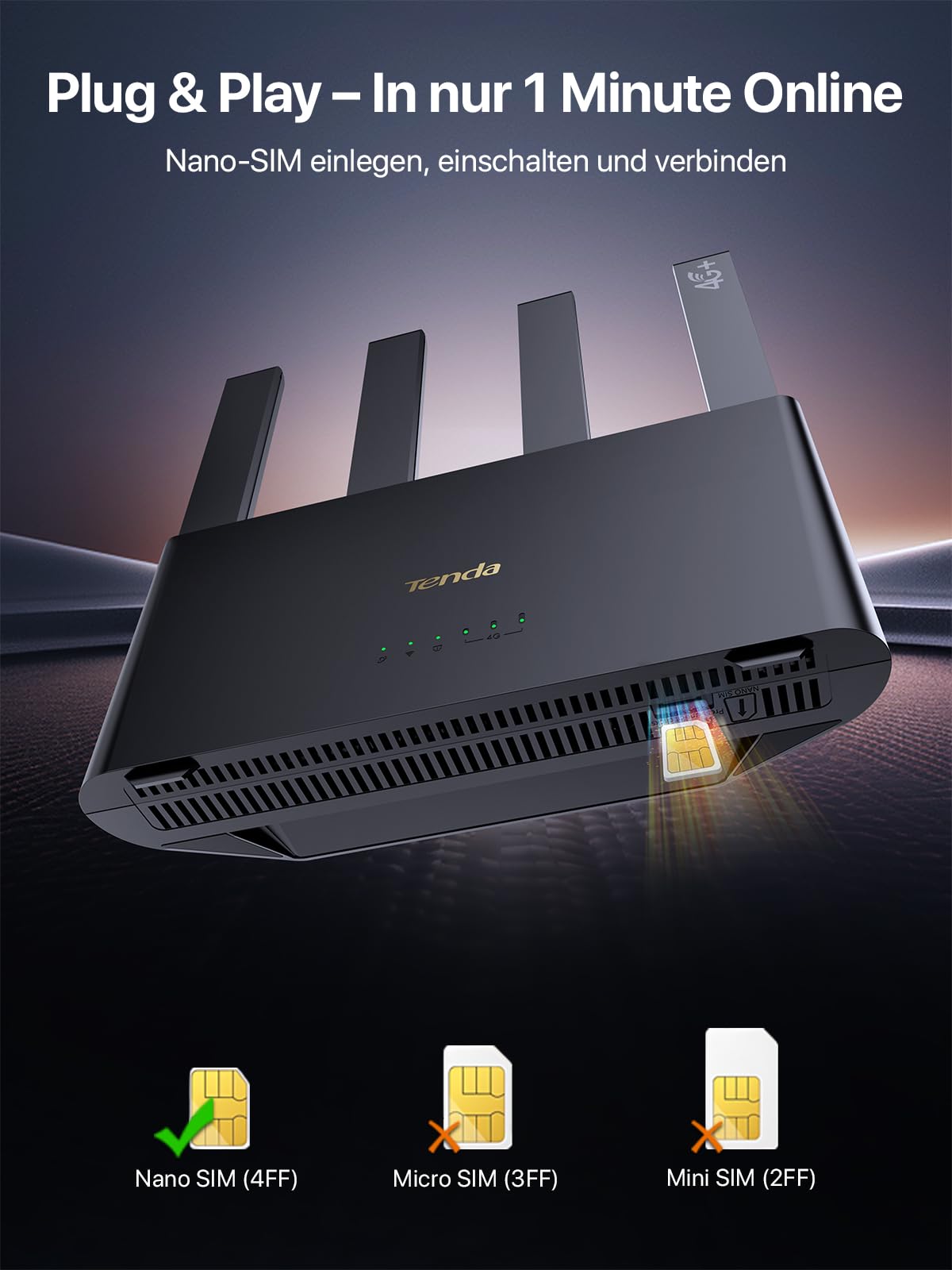 Tenda 4G08 LTE Router,4G+ Router unterstützt SIM Karten,4G+ Cat6 bis zu 300Mbps, WLAN Dual-Band AC1200, 4 x Externe Antennen,Gigabit-LAN/WAN-Anschlüsse, OpenVPN, MU-MIMO,Mesh Wi-Fi+, Plug & Play 2