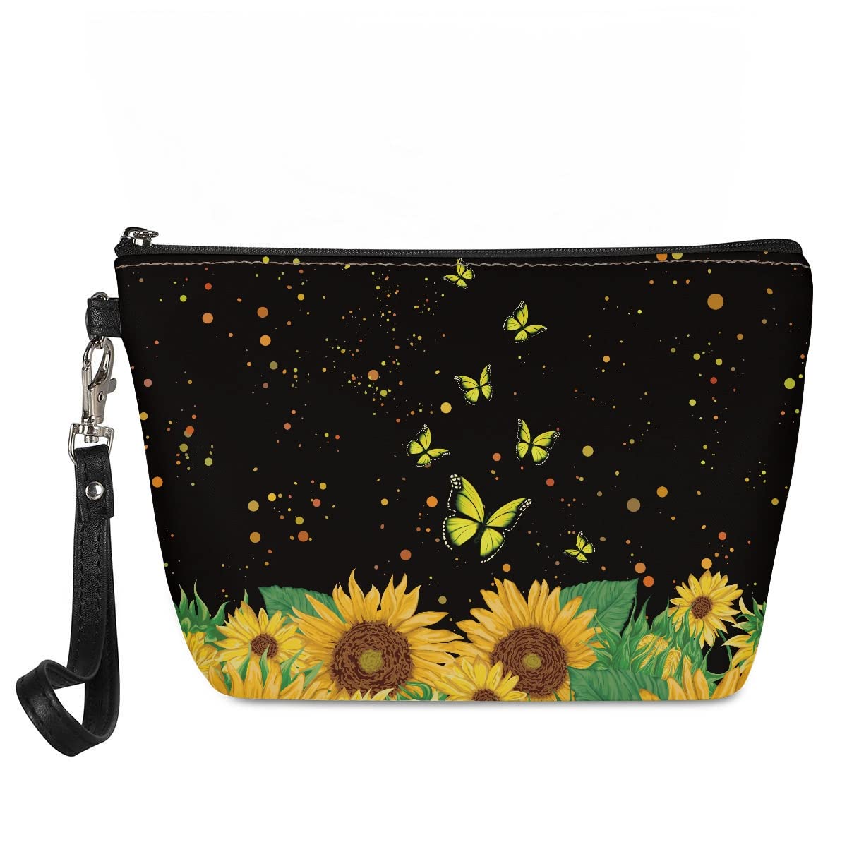 Sunflower Butterfly Print Pu Leather Makeup Bag Cosmetic Bag Portable Personalised Polish Organizer for Ladies Girls Teens Nurse