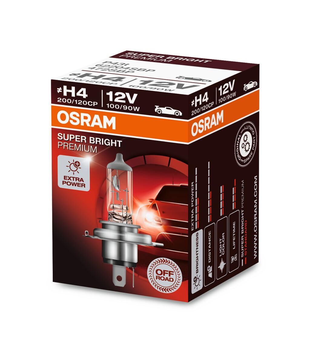 Osram 62204SBP Premium Off-Road Super Bright H4 Headlight Bulb Vibration-Proof Technology, Yellow