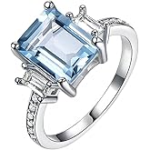 EUSJ 925 Sterling Silver Aquamarine Ring Three-Stone 7 * 9 MM Emerald Cut Aquamarine Rings for Women Moissanite Engagement Rings Gift for Lover