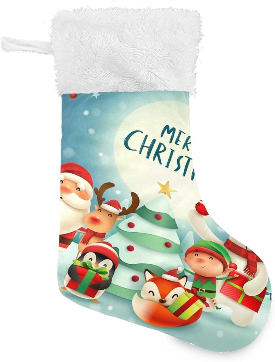 Christmas Stockings,Merry Christmas Tree Santa Elk Fox Xmas