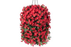 HYEFLORA Artificial Fake Red Hanging Flowers Plants Basket for Outdoor Outside Winter Christmas Decor, Faux Silk Look Real UV Resistant Orchid for Fall Porch Garden Yard Patio Home