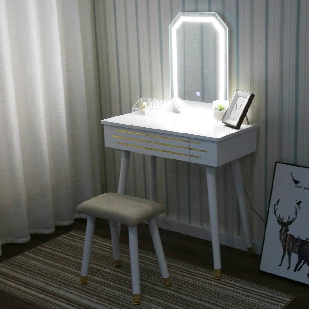 Vanity Makeup Table Set with 3 Modes Touch Screen Adjustable Lighted Mirror, Cushioned Stool, Big Sliding Drawers Easy Assembly Free Make-up Organizer (Rectangle White Gold)