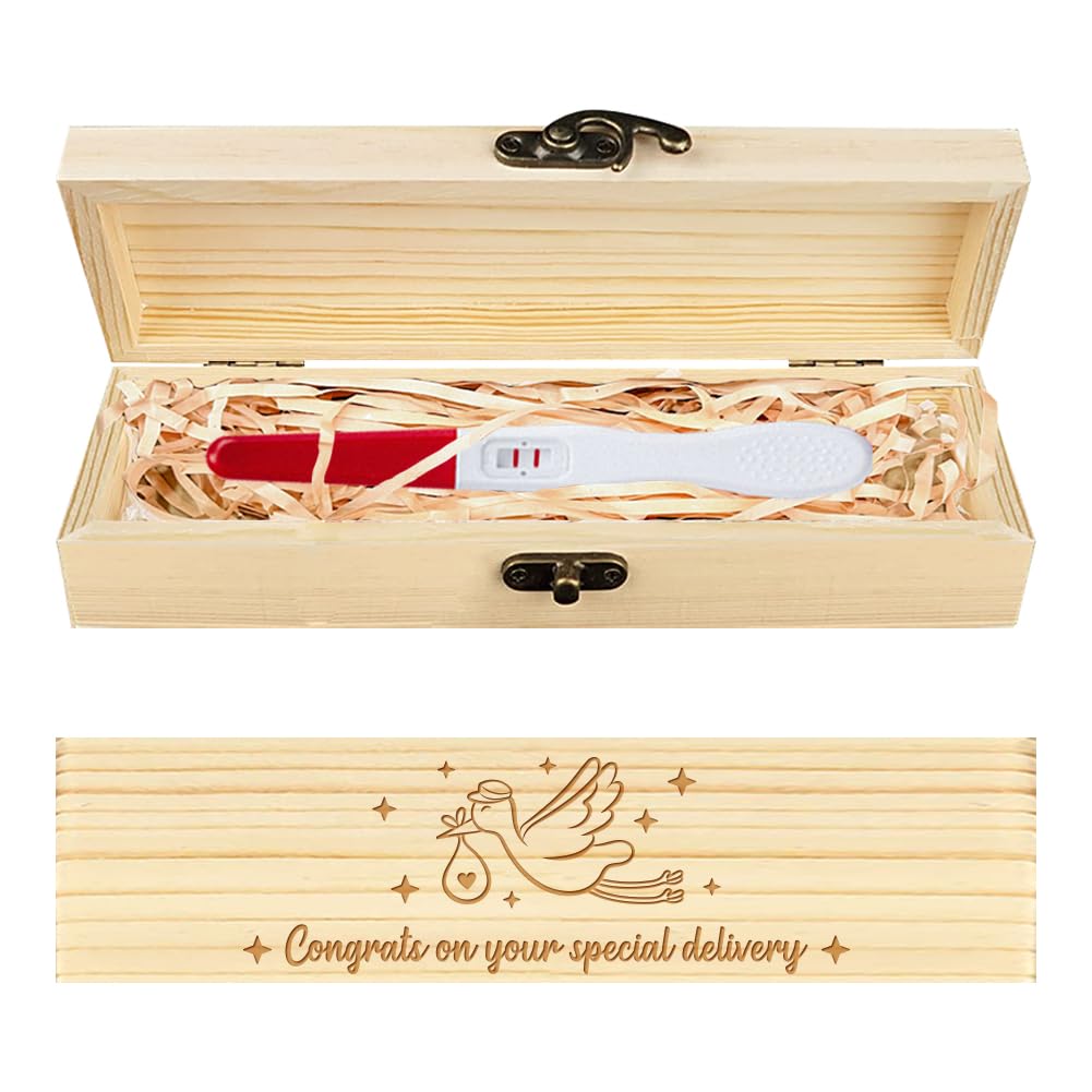 CHGCRAFT Pregnancy Test Keepsake Box Stork Wooden Pregnancy Test Gift Box with Raffia Ribbon and Lock Pregnancy Announcement Gifts Box Announcement Gifts for Husband Parents, 8x2x1.2inch — image 1