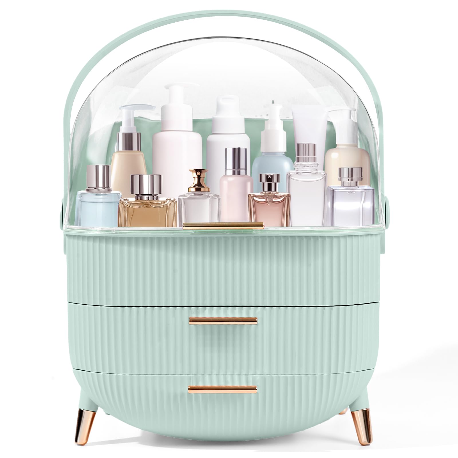 Photo 1 of ***(LID IS BROKEN)***RMAN Makeup Organizer for Vanity Make up and Cosmetics Storage with Lid and Drawers Skincare Organizers Display Cases for Countertop Bathroom Dresser(Light Green)