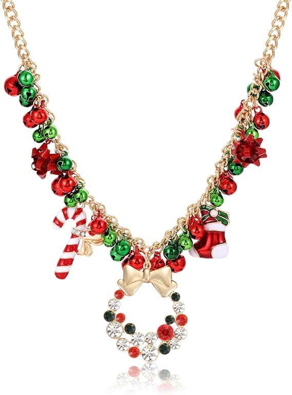 Boderier Christmas Jingle Bell Necklace Christmas Ornament Bow Wreath