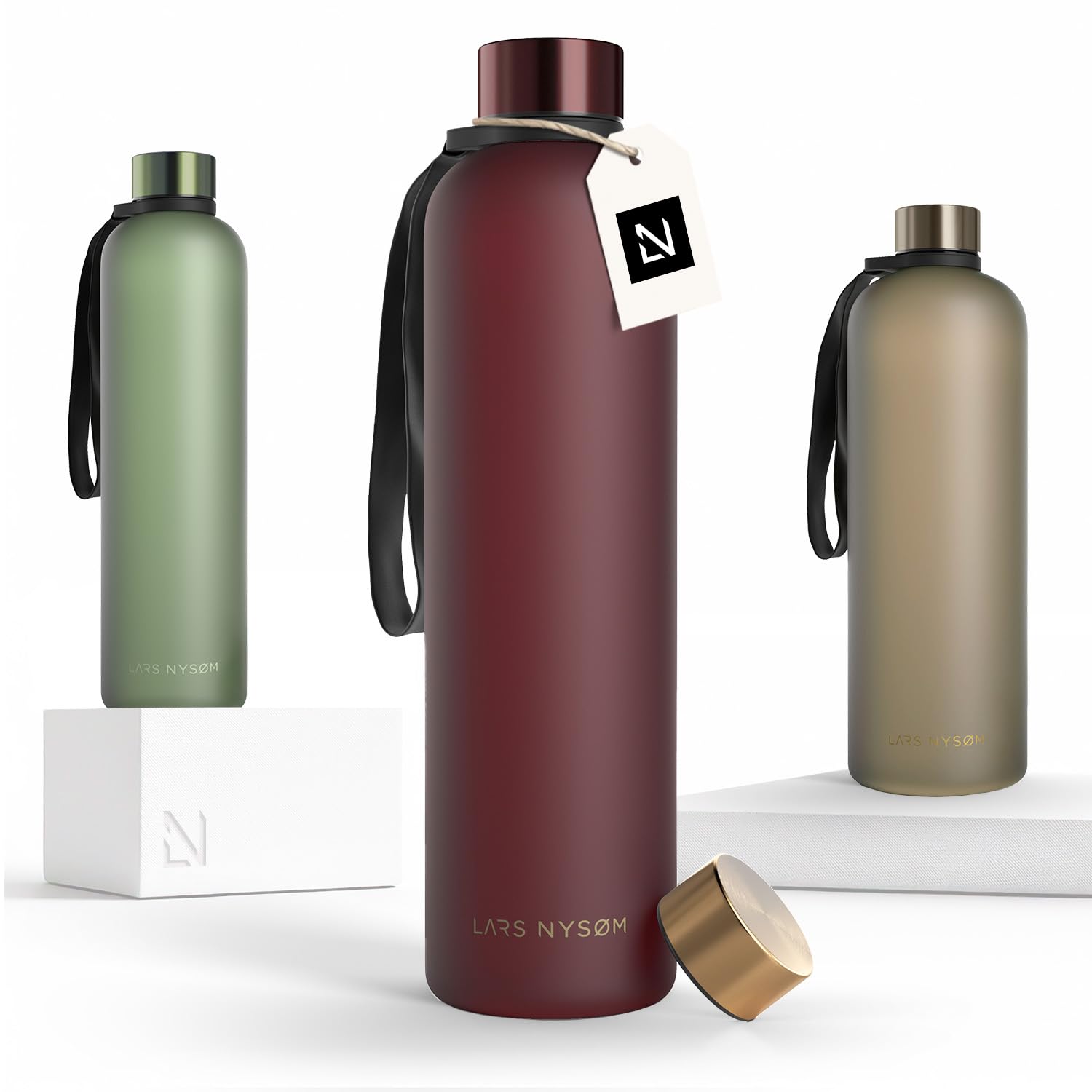 LARS NYSØM Water Bottle 34oz | Drinking Bottle 1 Liter | Ultralight Tritan Sports Flask leak-proof | Ideal for sports, office, yoga | 2 lids included (Red - Gold, 1000ml)