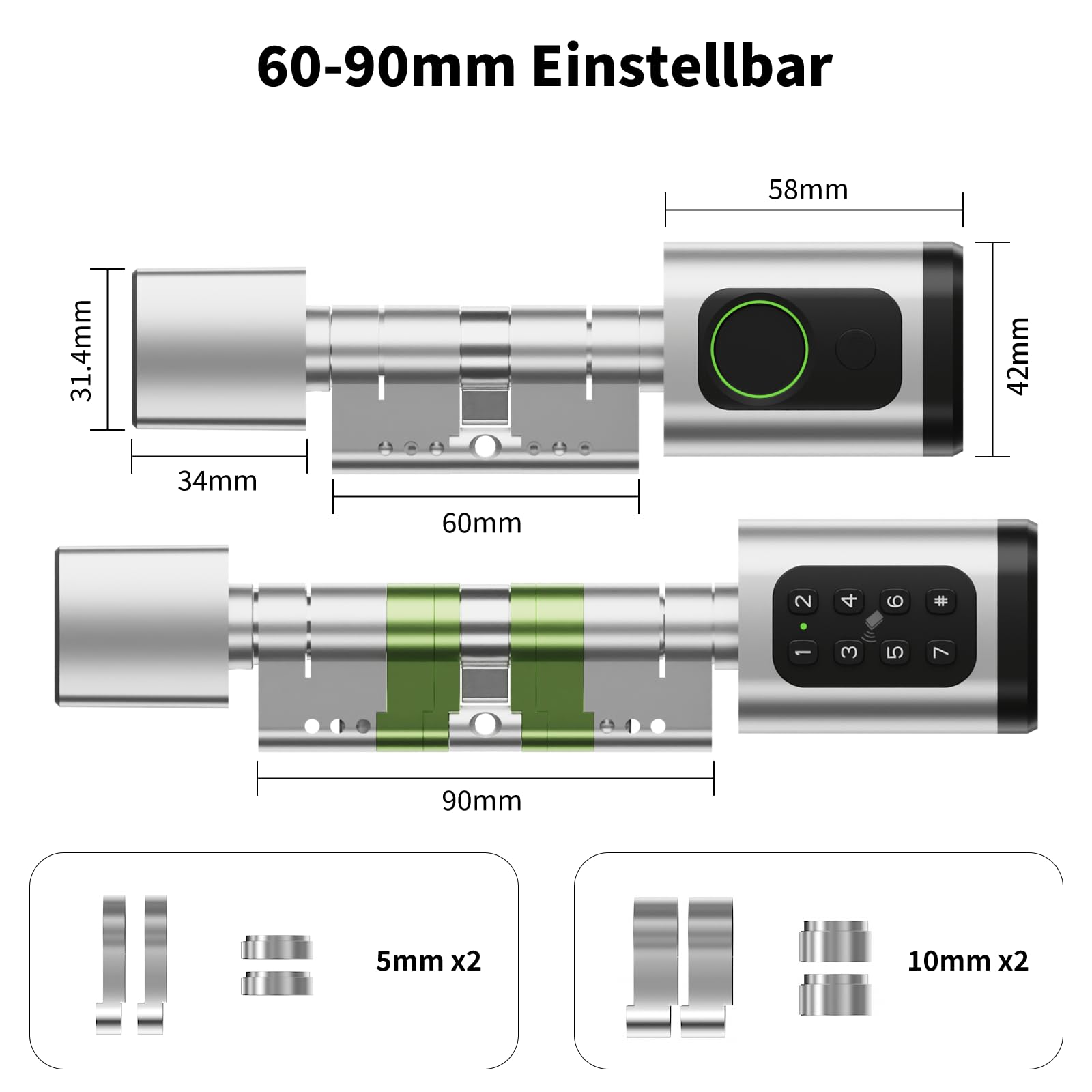 Türschloss Fingerabdruck Smart Lock, Schließzylinder 60-90mm(30/30,45/45), Elektronisches Fingerabdruck Türschloss Haustürschloss mit RFID, App, Bluetooth, Tasten Smart Türschloss mit Zahlencode 5