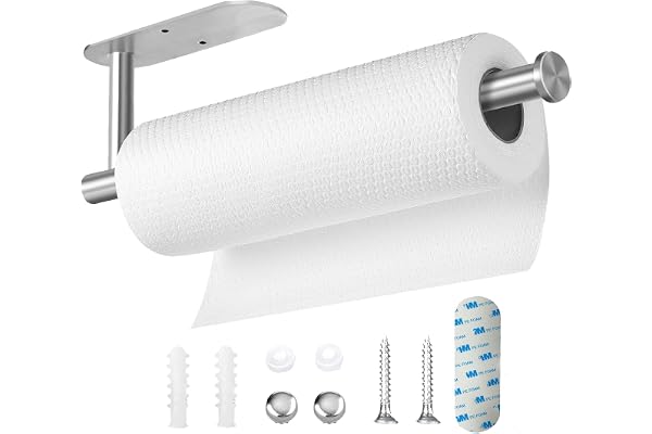 Self Adhesive or Drilling Paper Towel Holder Under Cabinet,Paper Towel Rack Wall Mount Stainless Steel 13.2 Inch,Silver Paper