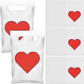 Janlaugh 100 Pieces Valentine's Day Plastic Gift Bags with Handles Bulk Small Red Heart Goodie Treat Candy Bags for Valentines Party Favors Celebrations
