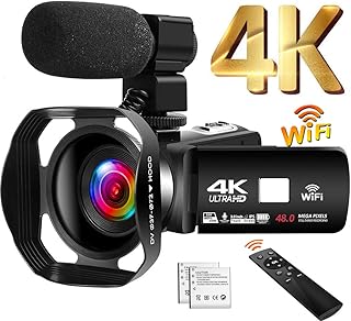 Camcorder 4K 48MP Videokamera 18X WiFi YouTube Kamera IR Nachtsicht Camcorder mit verbesserter Fernbedienung, externem Mikrofon und Gegenlichtblende