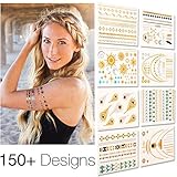 NHI Metallic Temporary Tattoos, 150+ Flash Tattoos Gold Silver, 8 Sheets - Aztec Tattoo, Mandala Tattoo, Mehndi Tattoo, Boho Temp Tattoo