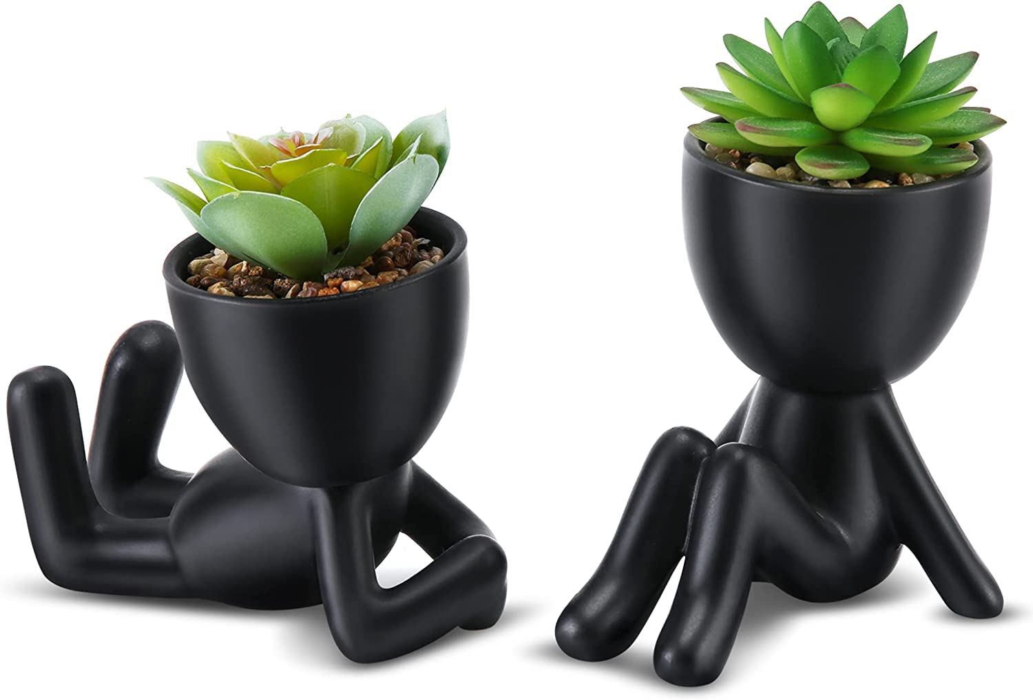 QIUKUN Fake Mini Succulents Plants Artificial in Black Modern Human Shaped Ceramic Pots Cute Desk Decor Desk Plant for Office Decor for Women Cute Fake Plants Bathroom Decor (2PCS)