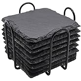 Slate Drink Coasters with Metal Holder, GOH DODD Set of 8 Black Coasters, 4 Inch Stone Coaster Set Tabletop Protection for Home Outdoor Kitchen Apartment Decor Housewarming Gifts Wedding Party, Square