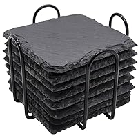 Slate Drink Coasters with Metal Holder, GOH DODD Set of 8 Black Coasters 4 Inch Stone Coaster Set Coffee Table Decor Tabletop