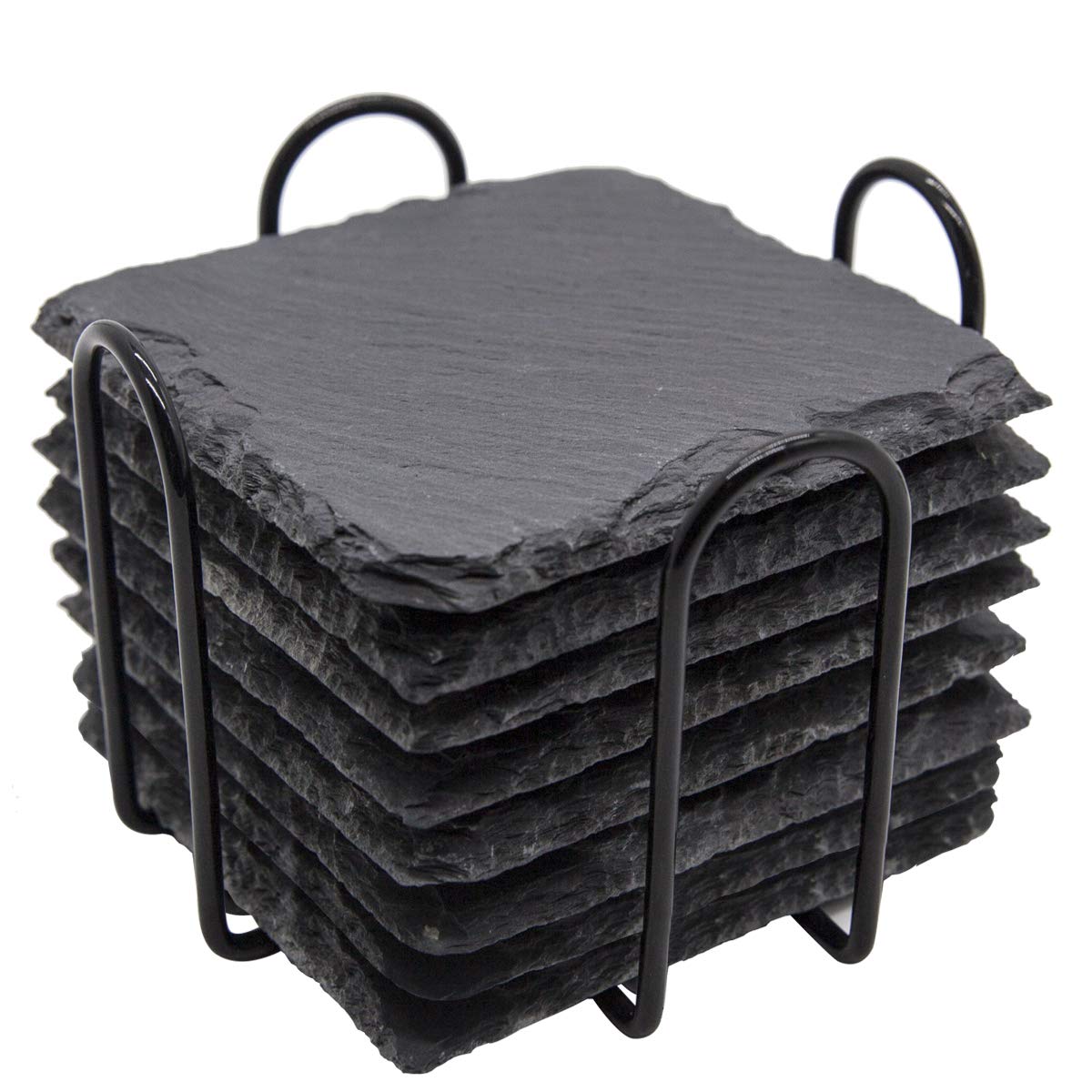 Slate Drink Coasters with Metal Holder, GOH DODD Set of 8 Black Coasters, 4 Inch Stone Coaster Set Coffee Table Decor Tabletop Protection for Home Kitchen Housewarming Gifts Wedding Party, Square