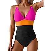 Aidonger Women's One Piece Color Block Swimsuit Tummy Control Slimming Bathing Suit V Neck Cutout High Waisted Swimwear