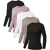 Kinglaman 5 Pack Womens Basic Long Sleeve Shirts Crew Neck Slim-Fit Fitted T Shirts Tops Undershirts Underscrub Baselayer