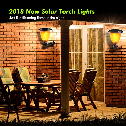 WdtPro Solar Lights, 2-in-1 Waterproof Flickering Flames Torches Lights Outdoor Solar Spotlights with Charging Indicator, Dusk to Dawn Auto On/Off Solar Torch Lights for Patio Deck Backyard(2 Pack)