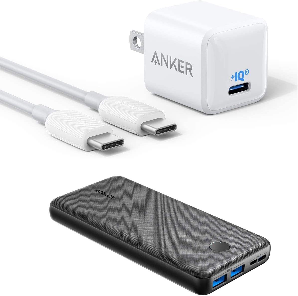 Anker 18W PIQ 3.0 Fast Charger Adapter with 3ft USB-C to USB-C Cable and Anker Portable Charger, PowerCore Essential 20000mAh Power Bank with USB-C (Input Only)