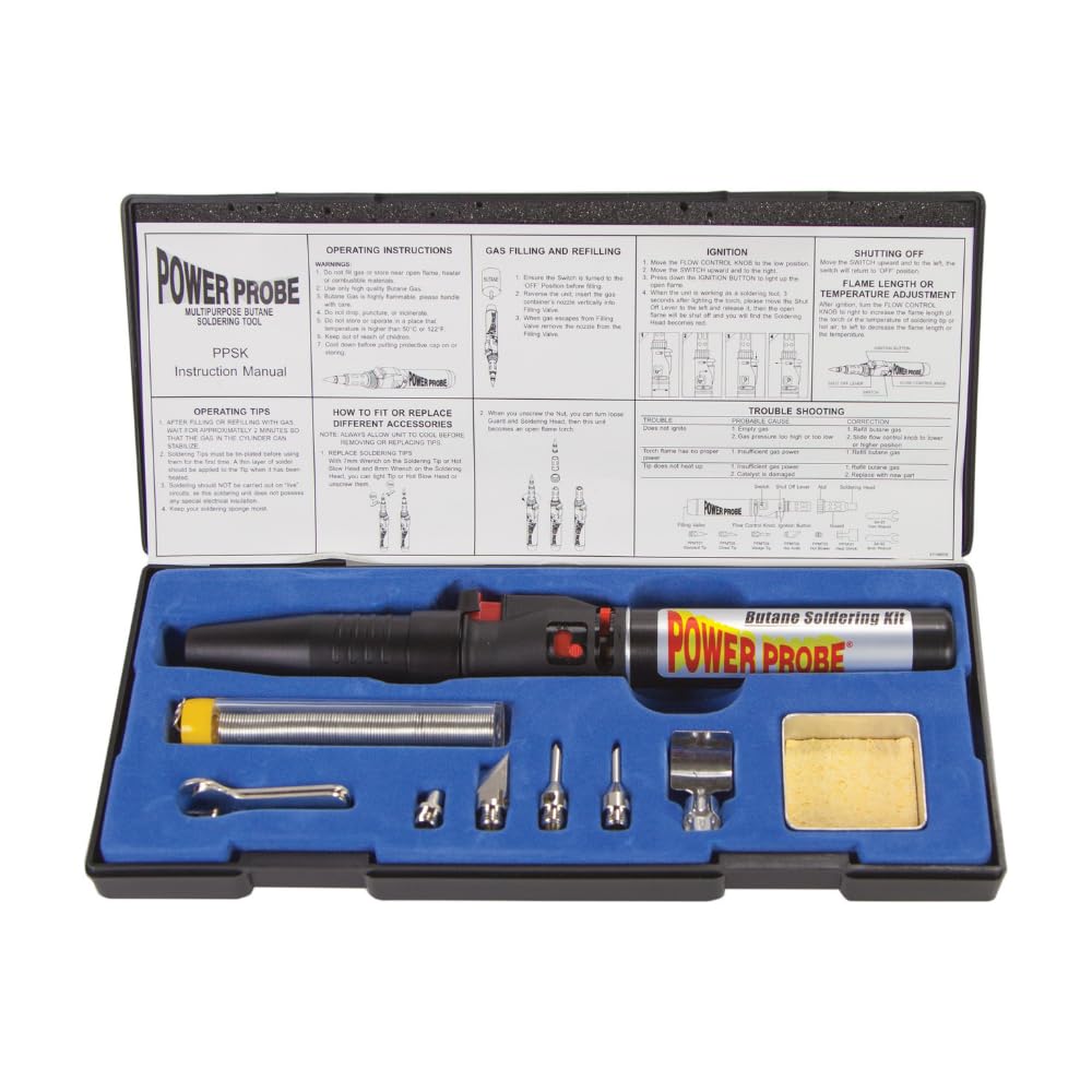 POWER PROBE Kit de soldadura de butano (PPSK) [Herramienta de prueba de diagnóstico automotriz, encendido electrónico de fácil inicio, llama ajustable, con múltiples puntas, negro