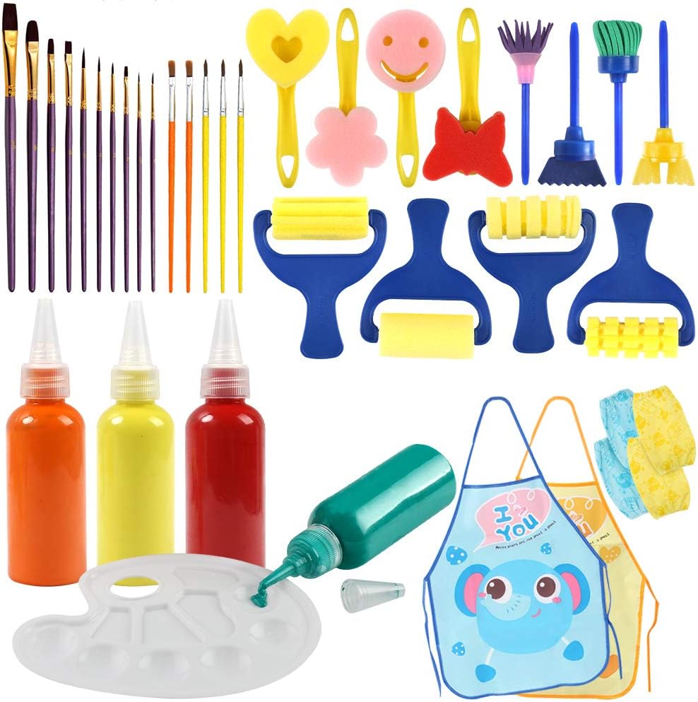 BigOtters Washable Finger Paint Set, Early Learning Kids Paint Set with Assorted Sponge Paint Brushes Smock Palette for Kids Home Activity School Prizes Art Party , 34PCS Set: Home Improvement