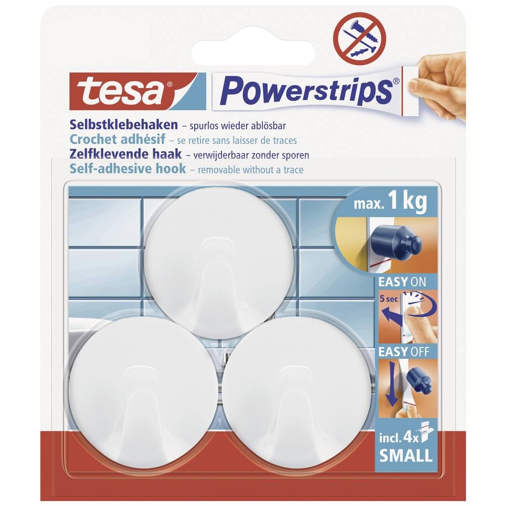 tesa Powerstrips Hooks Small ROUND - Removable Self-Adhesive Wall Hook for Glass, Tiles, Wood, Plastic and Other Surfaces - Waterproof - White - Strong Hold up to 1 kg