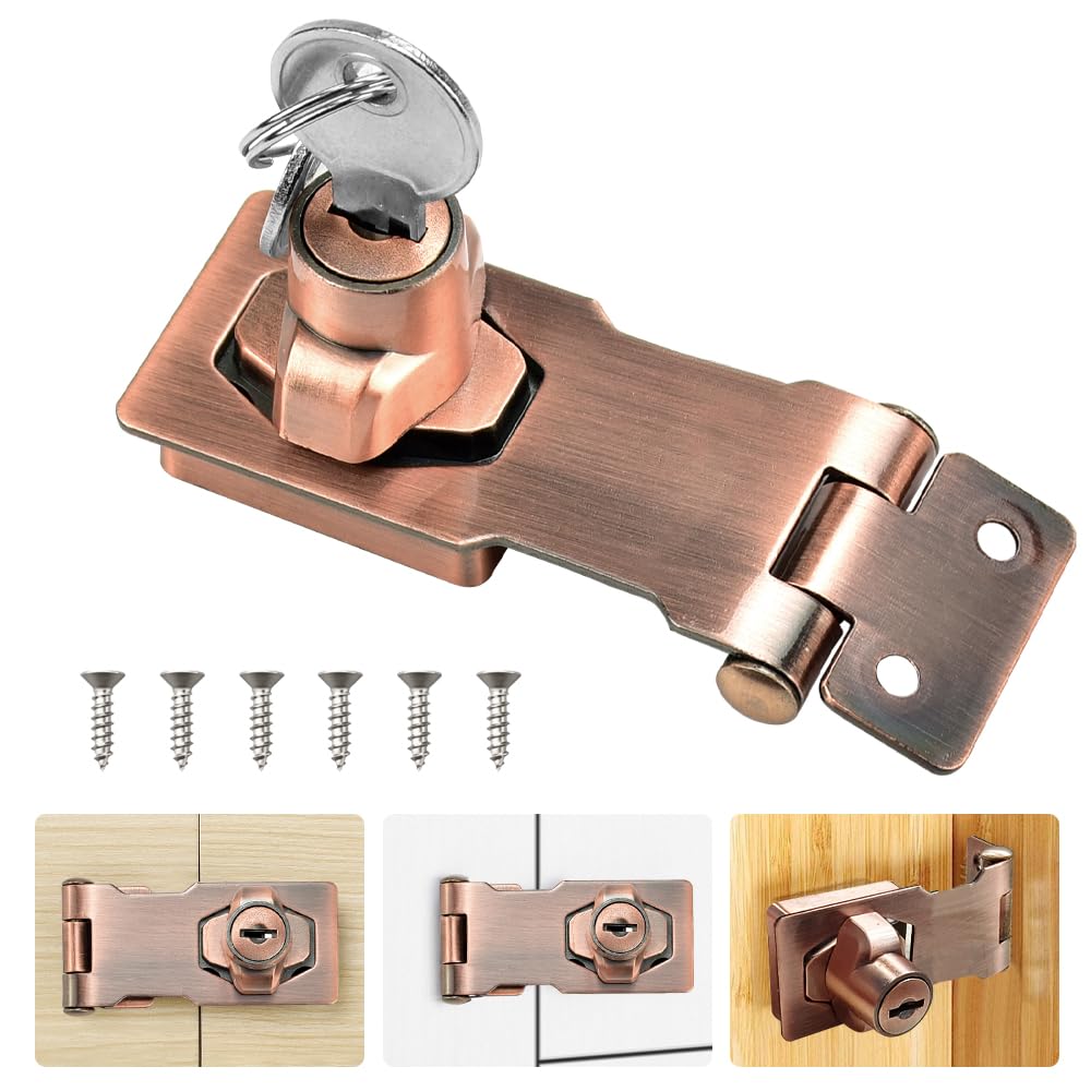 ADERTOS Keyed Hasp Lock Hasp and Staple with Padlock, Heavy Duty Shed Lock Door Lock Hasp Twist Knob Keyed Locking Hasp Safety Door Clasp Gate Lock with Key for Cabinets Gate - Red Bronze, 3 Inch