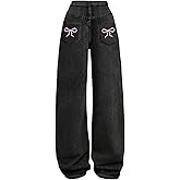 GORGLITTER Girl's Baggy Wide Leg Jeans Bow Cute Elastic High Waisted Denim Pants Bottoms with Pockets