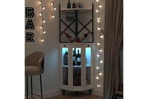 COCO DESIGN Corner Wine Cabinet with Lockable Glass Door & LED Light, 4-Tier Liquor Bar Unit, Modern Farmhouse Home Bar for Kitchen/Dining Room/Living Room, 2 Glass Display Trays & 2 Wine Racks, White