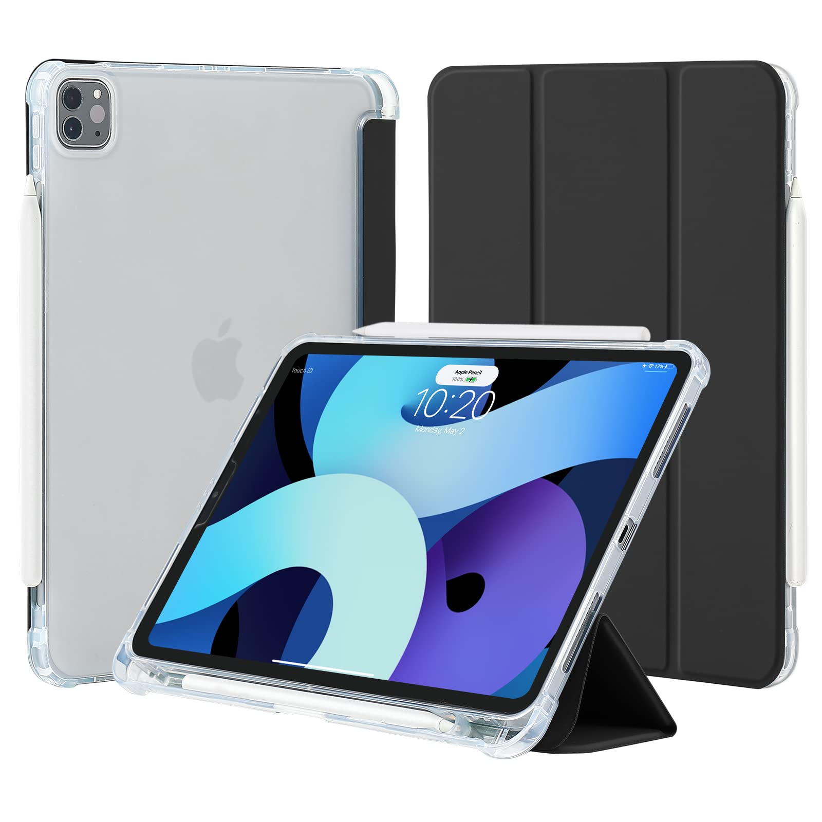 4UBonLife Case for iPad Pro 11 inch Case 2022/2021/2020/2018 (4th/3rd/2nd/1st Generation) with Pencil Holder, Slim Stand Case Soft TPU Back Cover, Support 2nd Pencil Wireless Charging, Black