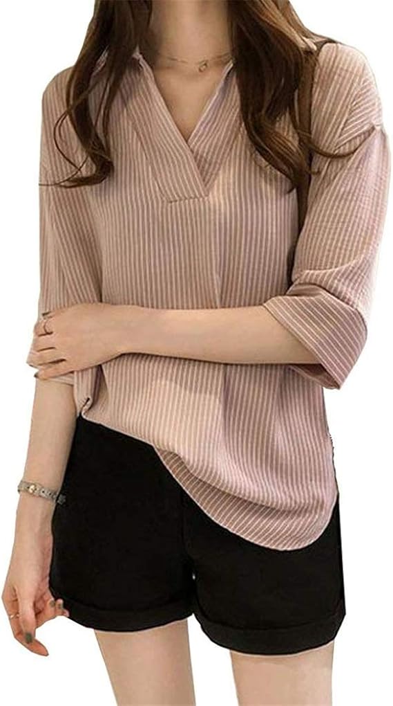 Amazon とろみシャツ レディース ブラウス 七分袖 Vネック ストライプ柄 ゆったり シャツ ブラウス 通販