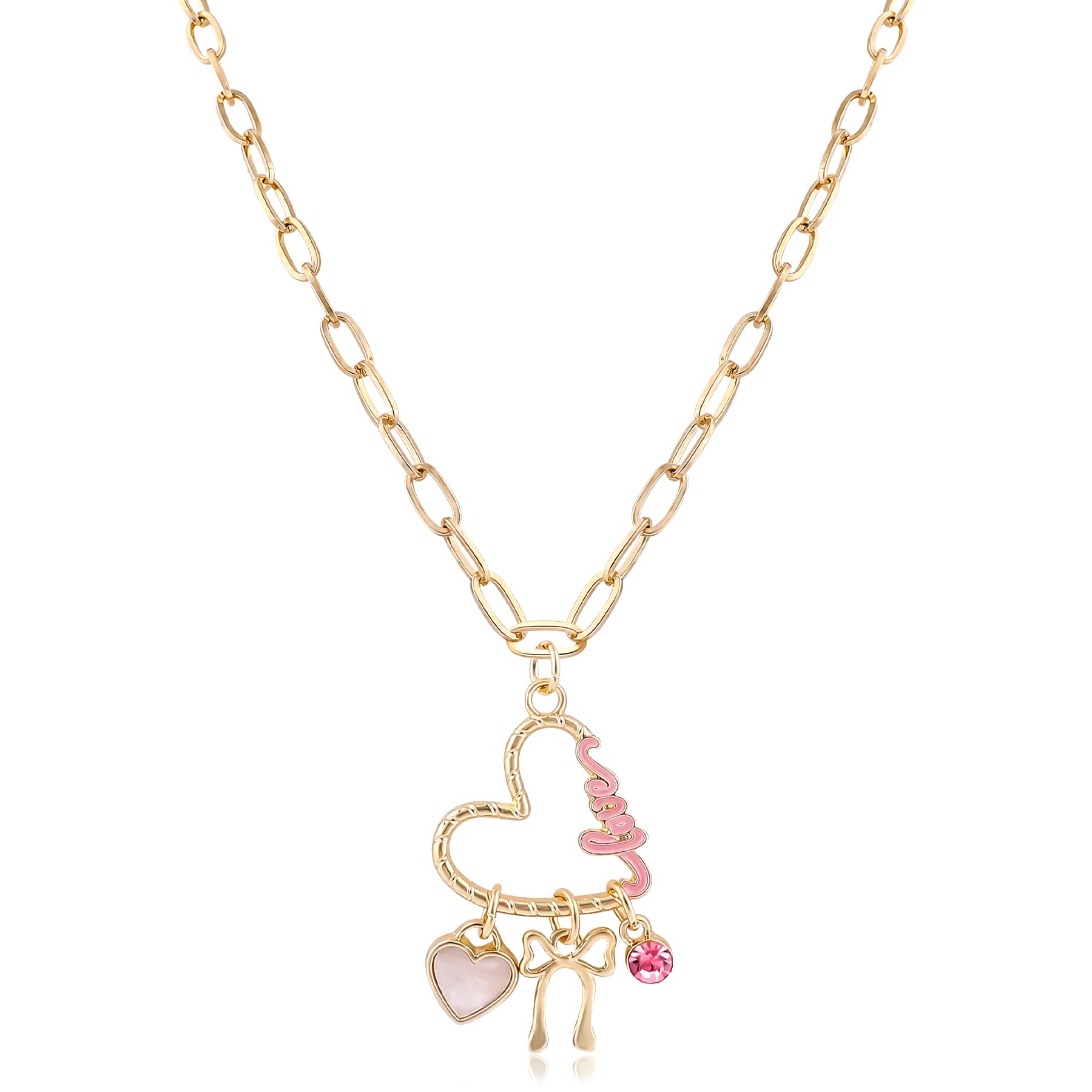 Love Heart Bow Charm Necklace for Women, Romantic Hollow Heart Pendant with Pink Oil-Drop Design, Pearl Bow & Rhinestone Accents, Exquisite Alloy Chain for Daily Wear & Special Occasions