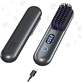 Cordless Hair Straightener Brush-Portable Straightening Comb, 9600mAh Batt, Plasma Tech, 9 Temp-Settings & LED Display, for Travel & Home (Grey)