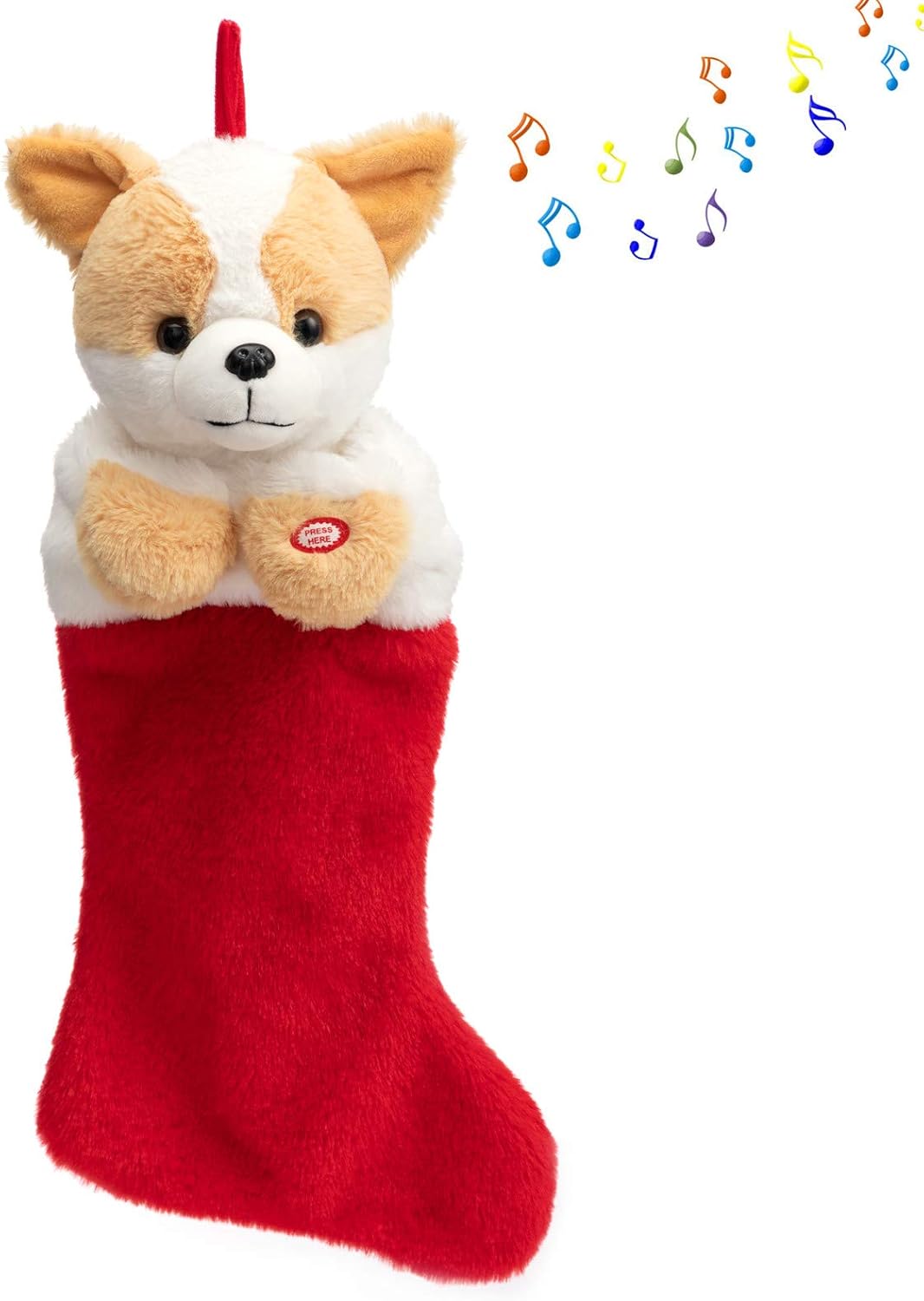 Stockings & Holders - HollyHOME Christmas Stockings Animated Corgi Puppy Plush Head Stockings with Music and Flapping Ears Hanging Xmas Decoration Kids Gift Socks Ornament 19 Inch