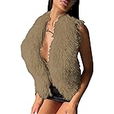 Ecirod Womens Y2K Fuzzy Faux Fur Collar Halter Vest Crop Tops Sexy Sleeveless Backless Tie Lace Up Waistcoat