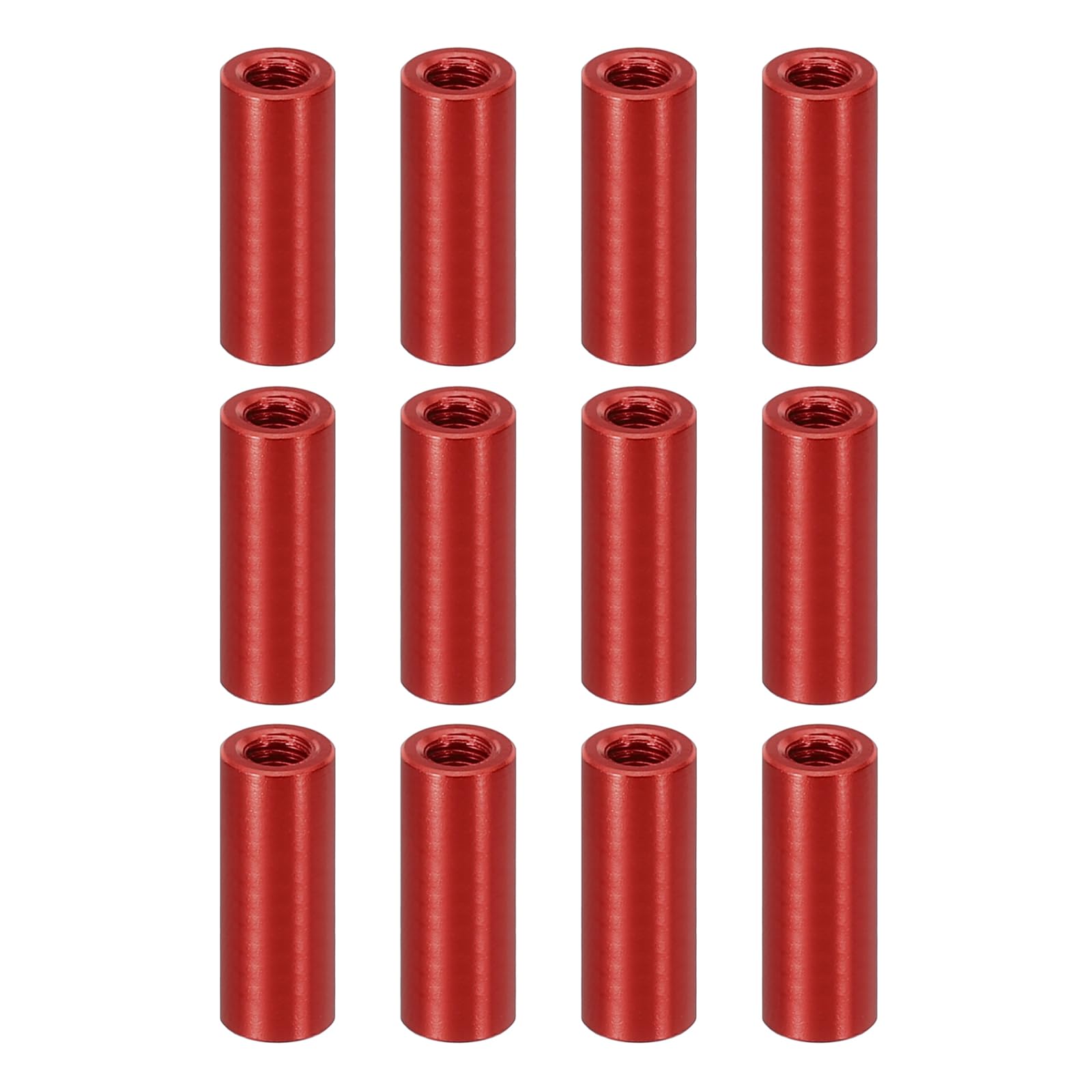 PATIKIL 12pcs M3 Metal Threaded Standoff Spacer Nuts, Round Aluminum Spacers Female Coupling Screws, 1/8" ID x 3/16" OD, Red, (15mm L)